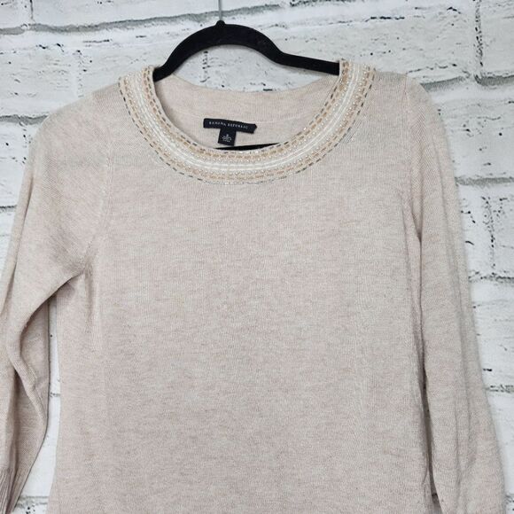 Banana Republic Beaded Crew Neck Sweater Tan small wool blend 3/4 sleeve - Picture 4 of 12